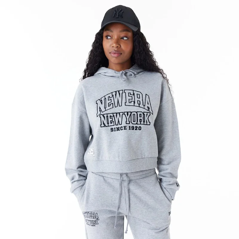 New Era Womens Arch Wordmark Grey Crop Pullover Hoodie Asymmetrical Neck Pullover