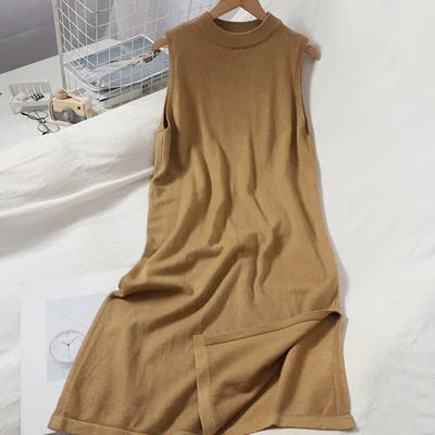 Women's Pullover Knitted Sleeveless Split Leg Long Dress Bardot Neck Top