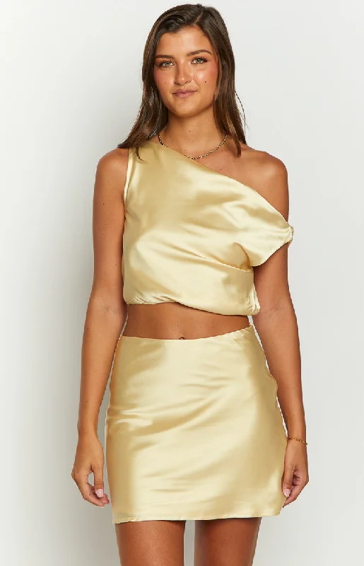Scotlyn Yellow Satin Off The Shoulder Crop Top Cozy Warm Stylish