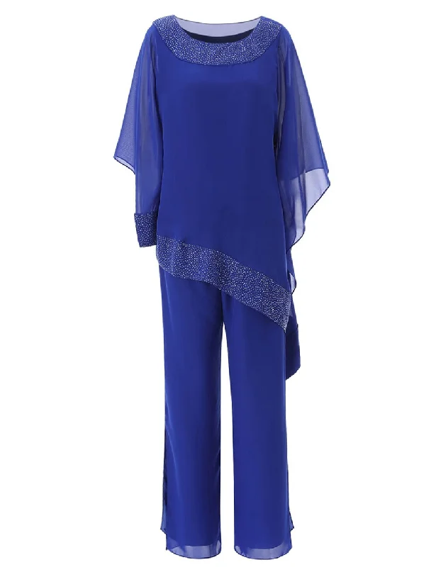 Asymmetry Chiffon 3 Pieces Mother of the Bride Dressy Pantsuits Trouser Suits Trousers Flared Retro