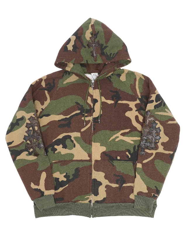 Camouflage Cross Patch Thermal Hoodie Hoodie with Hem Lace Feminine Delicate
