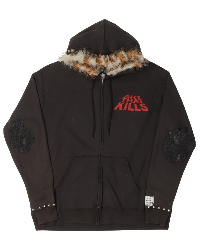 "Art That Kills" Fur Lined Zip Up Hoodie Hoodie Crop Top Short Trendy