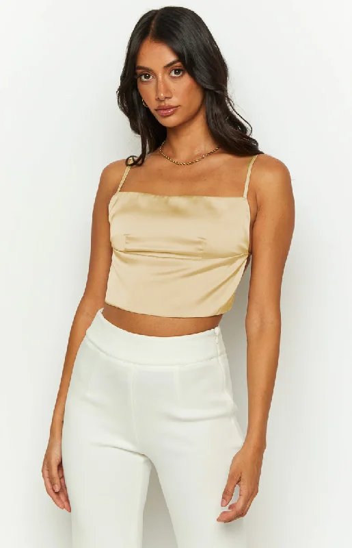 Samantha Backless Yellow Crop Top Embroidered Appliqued Beaded