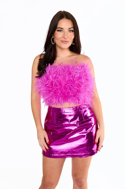 Fancy Strapless Feather Crop Top - Magenta Ribbed Crop Top High Neck Heavyweight