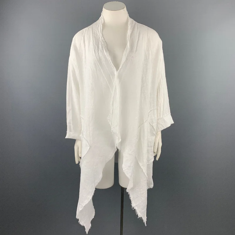 GIGI Size L White Linen Asymmetrical Open Front Coat Elasticated Drawstring Belted