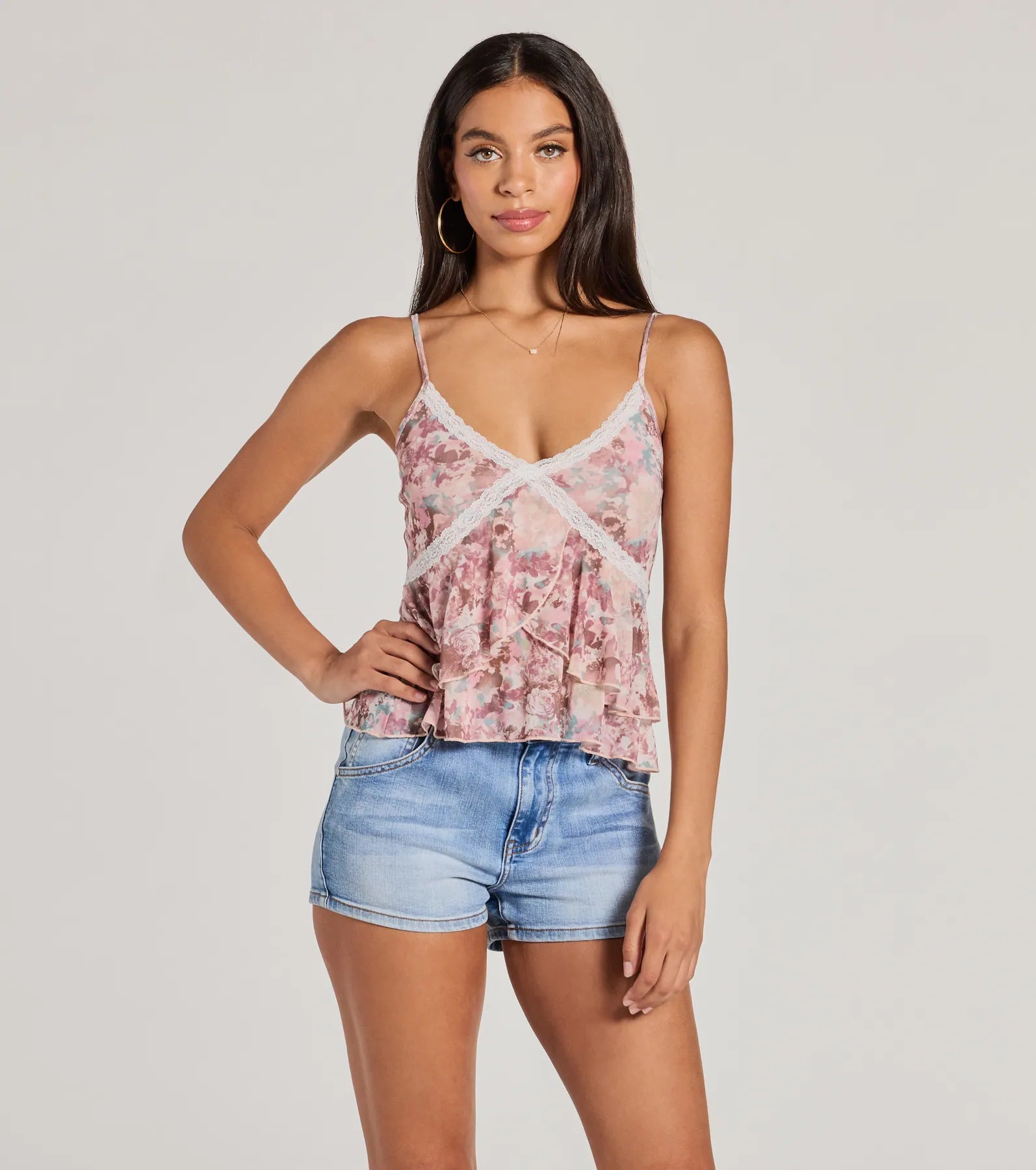 Crushin' On You Lace Trim Babydoll Floral Crop Top Print Jacquard Patchwork