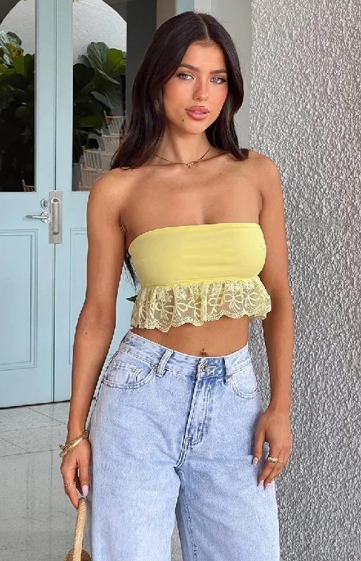 Sparrow Yellow Lace Frill Strapless Crop Top Collared Crew Neck Turtle Neck
