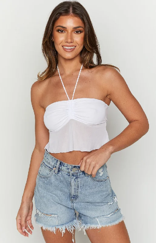 Bella White Halter Crop Top Denim Fabric Leather Fabric Suede Fabric
