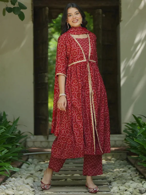 Red Printed Silk Blend A-Line Kurta With Trousers & Dupatta Trousers Cargo pockets