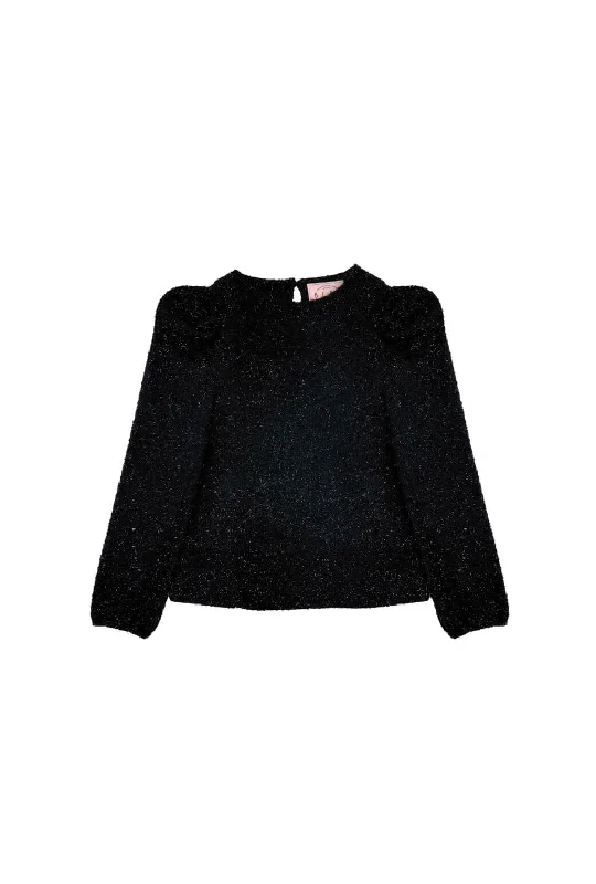 Puff Sleeve Pullover - Black Shimmer Knit Bishop Sleeve Elegant