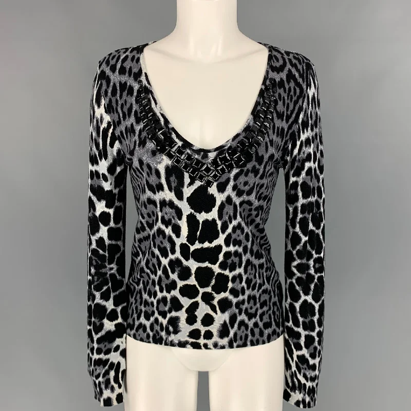 BLUMARINE Size 8 Grey & Black Animal Print Jersey Pullover High Neck Pullover