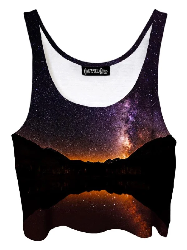 Starlit Valley Mountain Galaxy Crop Top Collared Crew Neck Turtle Neck