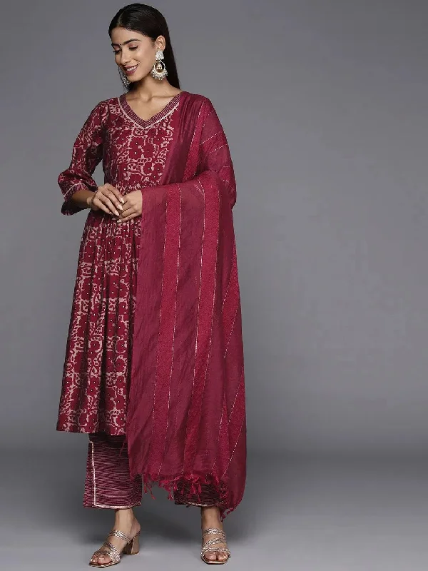 Maroon Printed Silk Blend A-Line Kurta With Trousers & Dupatta Trousers fashionable trendy Maroon Printed Silk Blend A-Line Kurta With Trousers & Dupatta Trousers fashionable trendy