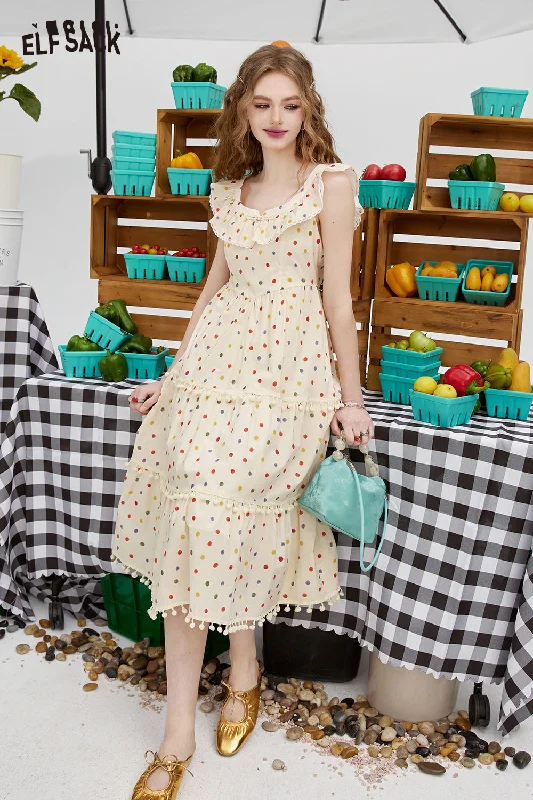 ELFSACK 2024 summer new arrival picnic travel vacation holiday soft comfortable fitted polka dot Chinese style dress button waist cinching skirt U-neck long dress pullover One Shoulder Top ELFSACK 2024 summer new arrival picnic travel vacation holiday soft comfortable fitted polka dot Chinese style dress button waist cinching skirt U-neck long dress pullover One Shoulder Top