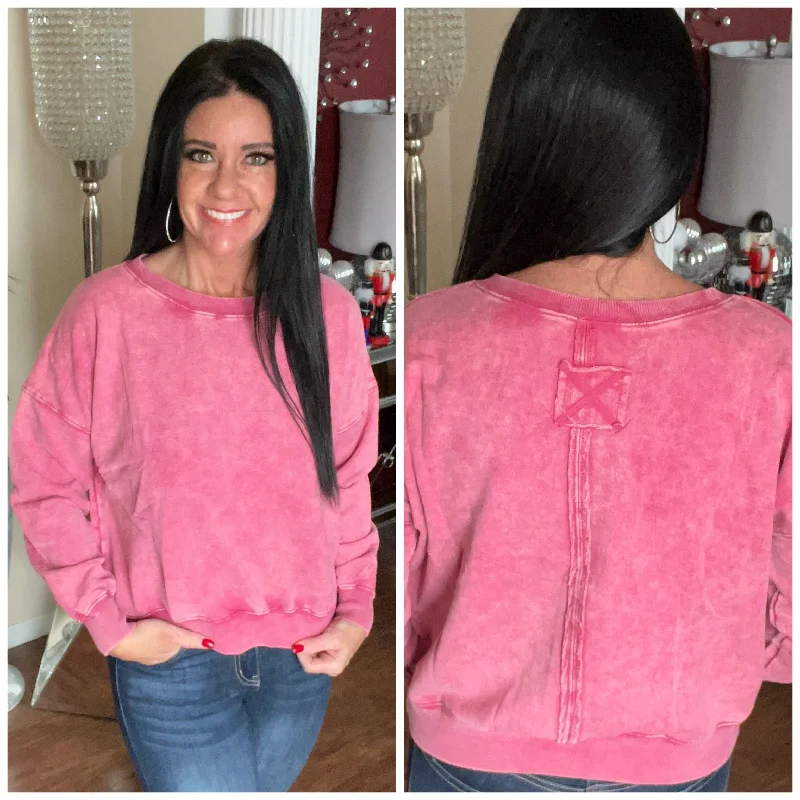 Ash Pink Cropped Boatneck Acid Washed Crewneck Pullover Angora Wool Cozy