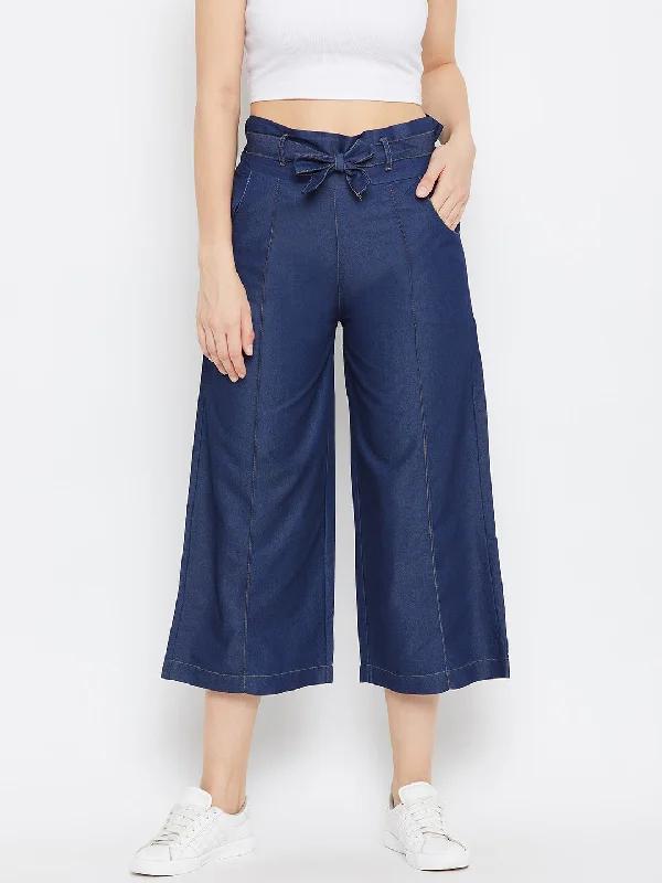 Women Navy Blue Belted Denim Trouser Trousers Canvas Durable