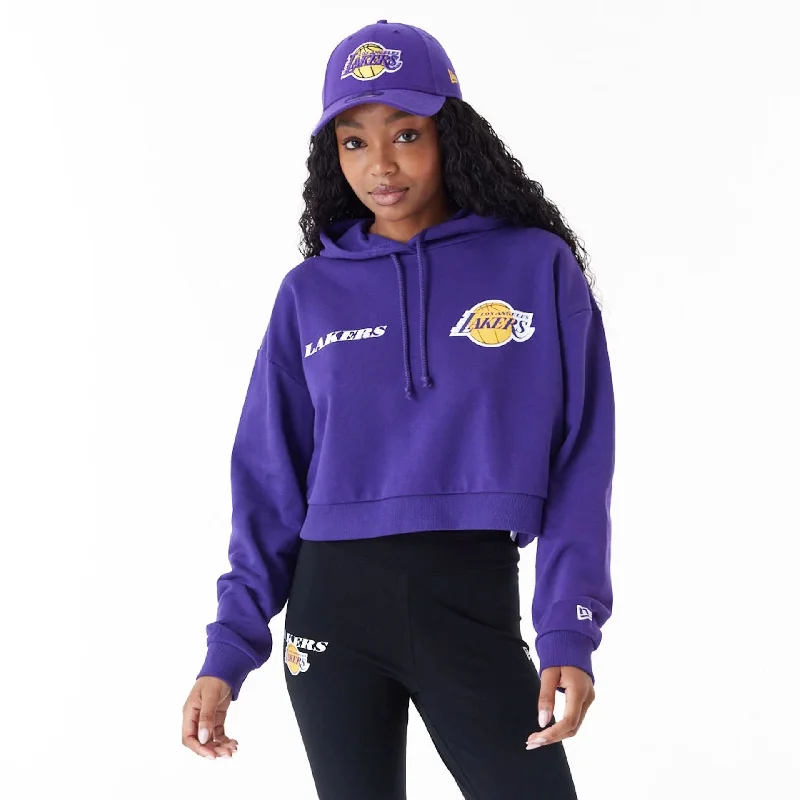 LA Lakers Womens NBA Team Logo Purple Crop Pullover Hoodie Crew Neck Wool