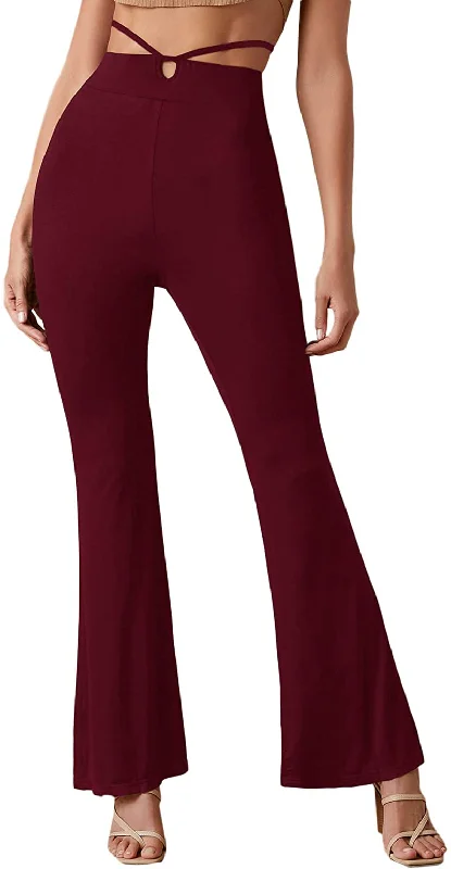 SheIn Women's Cut Out High Elastic Waist Long Pants Flare Leg Solid Trousers Trousers Modern Contemporary
