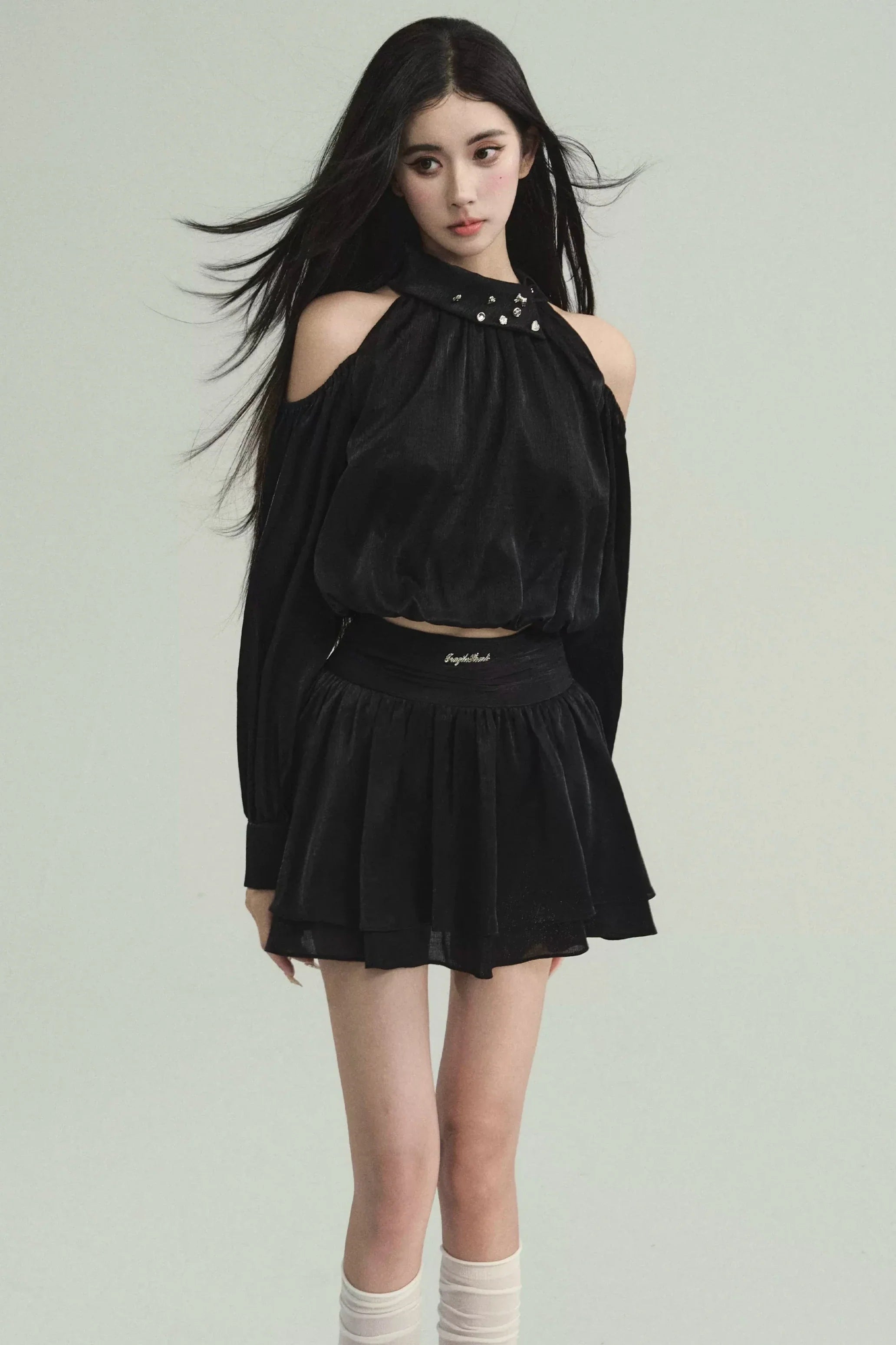 Gothic Chic Two-Piece Set: Tiered Skirt and Cold Shoulder Crop Top Machine Wash Dry Clean Hand Wash