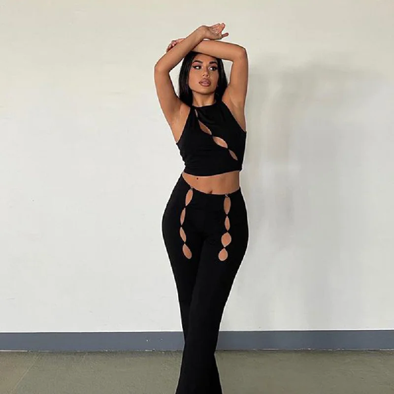 Summer Sleeveless Solid Color Vest Office Sneaky Design Pierced Black Smart Trousers Set Trousers Elastic Waist Soft