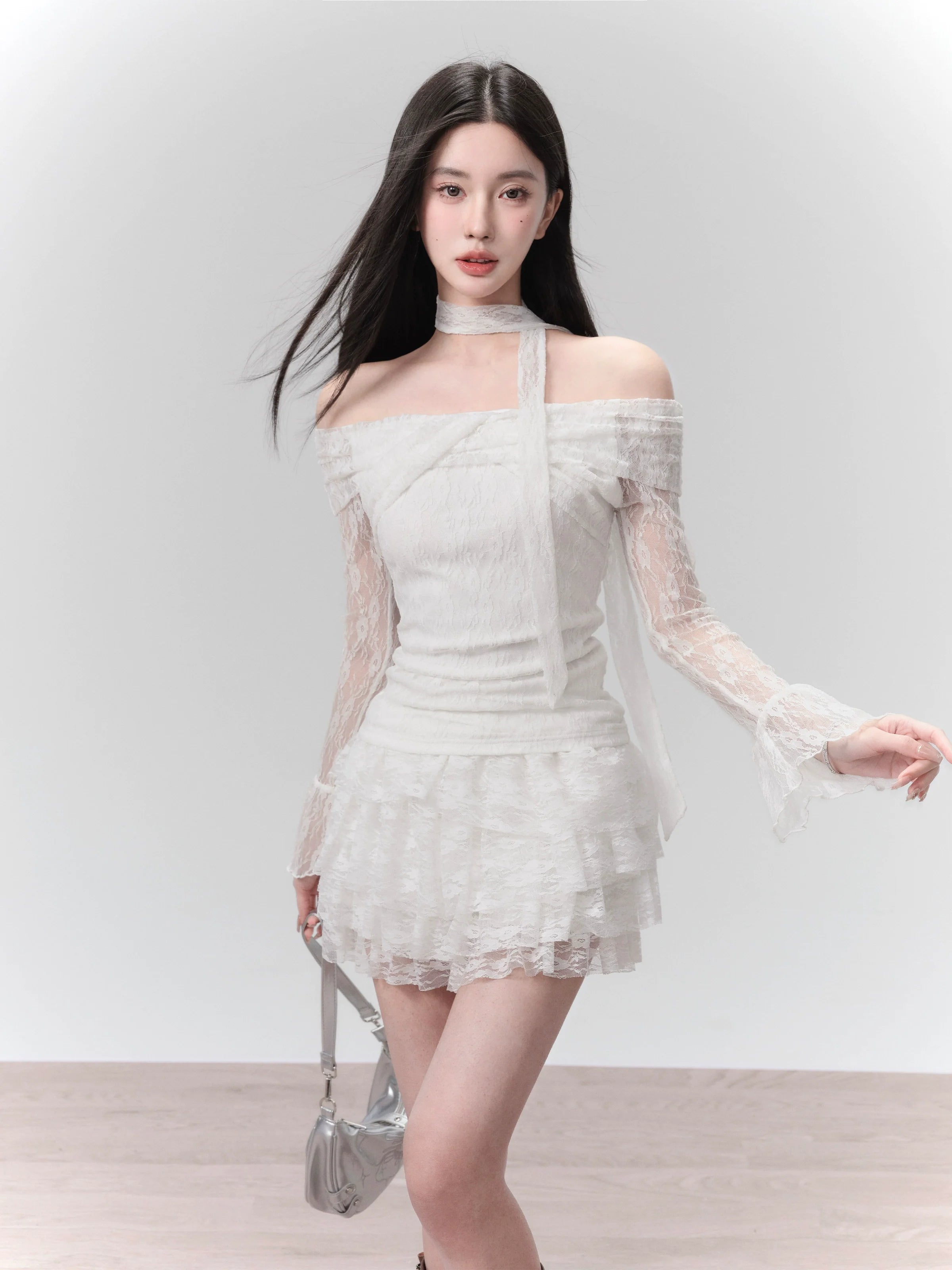 Elegant White Lace One-Shoulder Crop Top & Skirt Set Chenille Brocade Lace