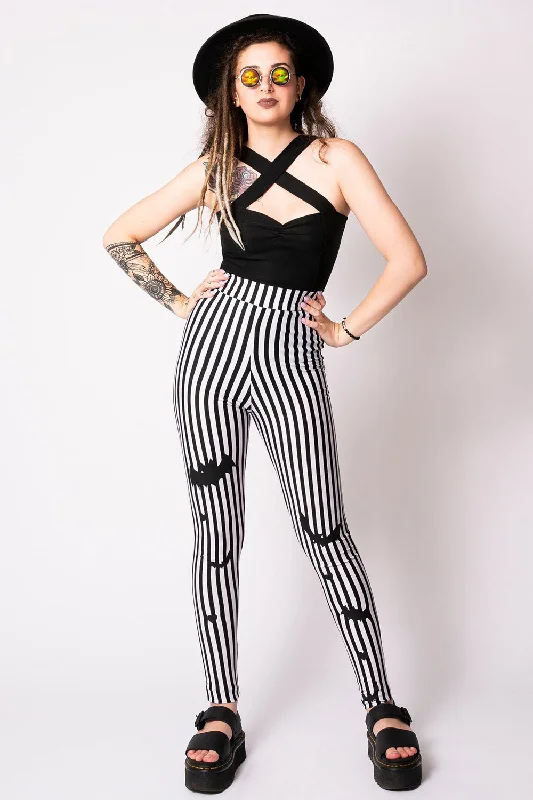 Sweet Sweet Bat Black/White Stripe Leggings Comfortable Capri-Length Leggings