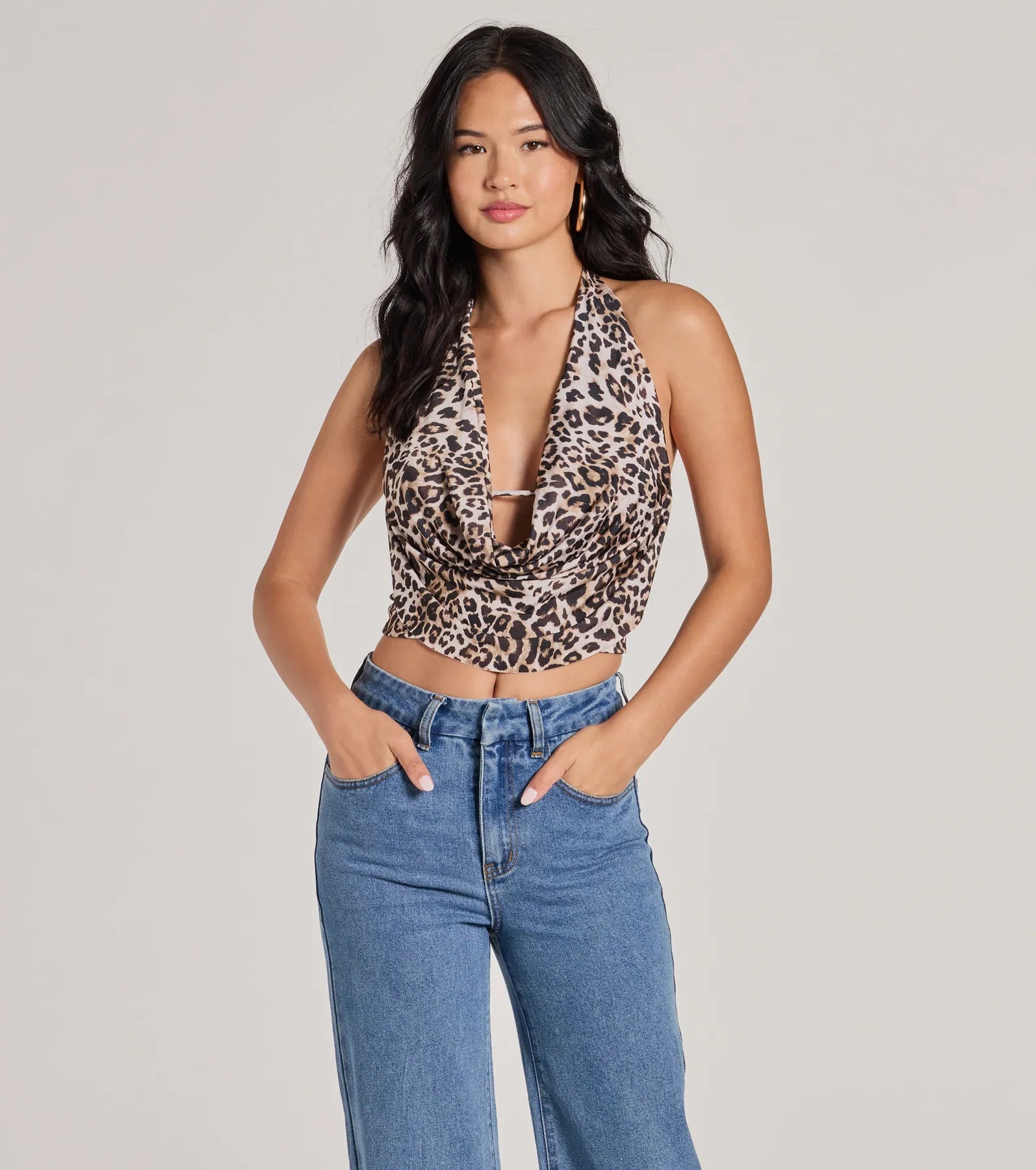 Prowlin Around Cowl Halter Leopard Crop Top Cashmere Blend Cotton Blend Poly Blend