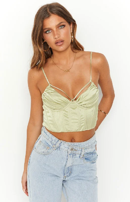 Jaid Green Corset Crop Top Spandex Blend Rayon Blend Denim Blend
