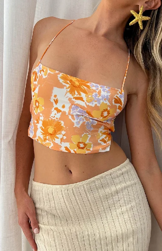 Ebony Orange Floral Crop Top Welt Pockets Slit Pockets Flap Pockets
