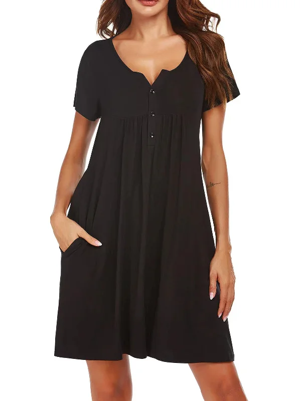 Chic Women's Short Sleeve Pocket Pullover Dress - Perfect for Spring and Summer Ribbed Crew Neck Chic Women's Short Sleeve Pocket Pullover Dress - Perfect for Spring and Summer Ribbed Crew Neck