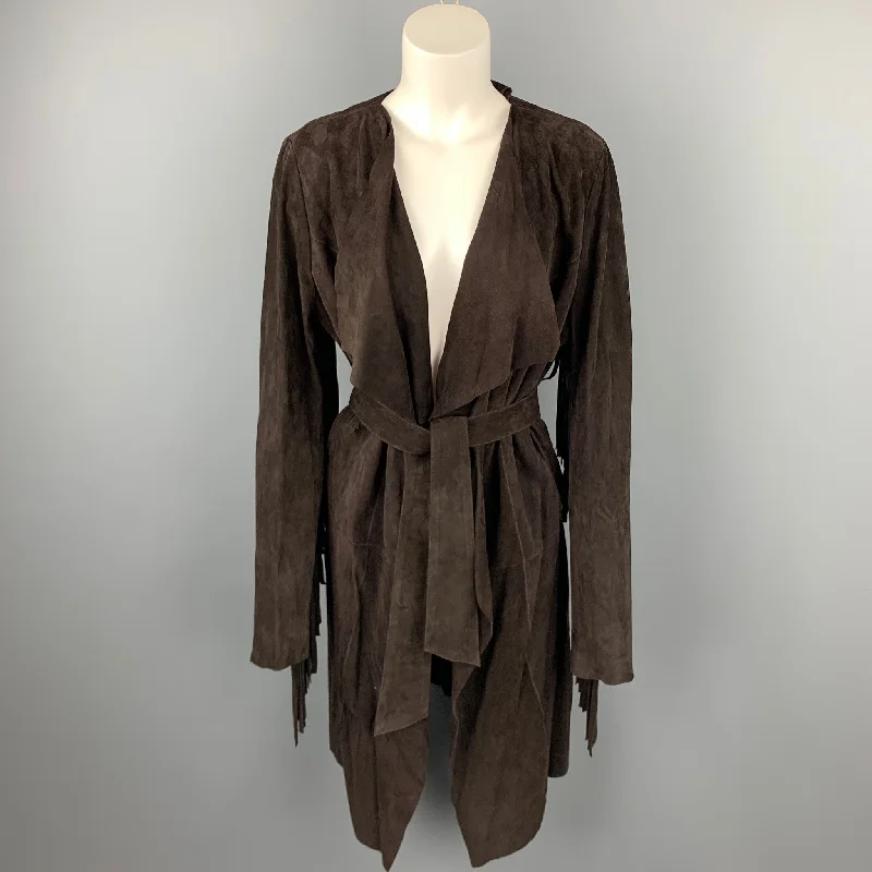 VINTAGE Size M Brown Suede Fringe Belted Open Front Coat Trapeze Tunic Caftan