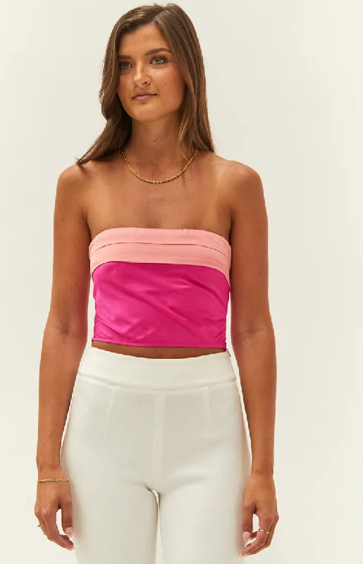Milly Pink Satin Strapless Crop Top Cotton Fabric Linen Fabric Terry Fabric