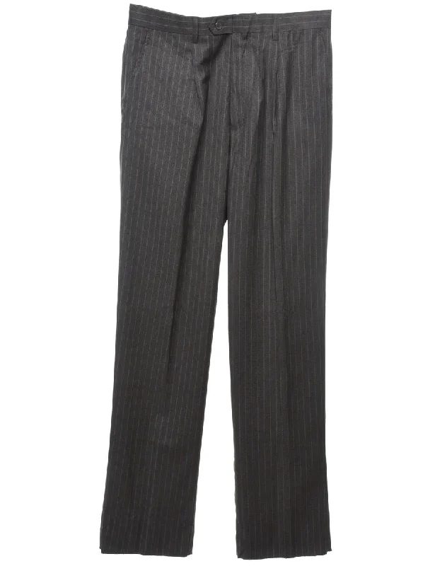 Striped Pattern Dark Grey Straight-Fit Trousers - W34 L35 Trousers Yoga Stretchy