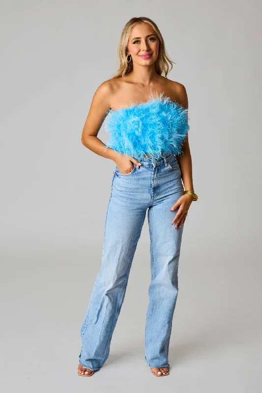 Fancy Strapless Feather Crop Top - Azure Blue Layered Multi-layer Single Layer