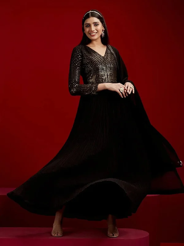 Libas Art Black Yoke Design Georgette A-Line Kurta With Trousers & Dupatta Trousers chic elegant Libas Art Black Yoke Design Georgette A-Line Kurta With Trousers & Dupatta Trousers chic elegant