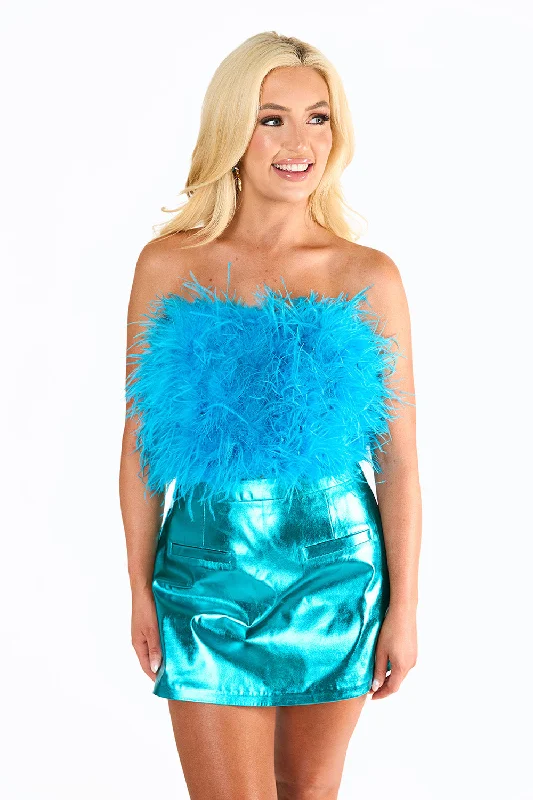 Fancy Strapless Feather Crop Top - Turquoise Crop Top Seamless Stretchy