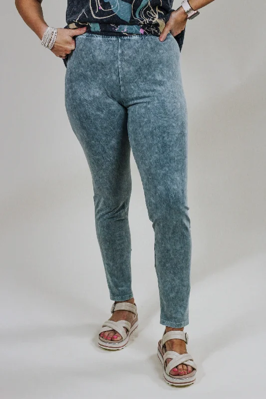 Jess & Jane Teal Mineral Wash Cotton Leggings Fashionable Sports Compression Leggings