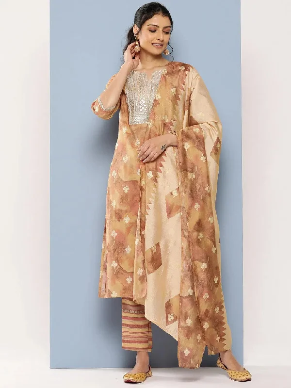 Tan Yoke Design Silk Blend Straight Kurta With Trousers & Dupatta High Waist Slim Fit Ankle Length Tan Yoke Design Silk Blend Straight Kurta With Trousers & Dupatta High Waist Slim Fit Ankle Length
