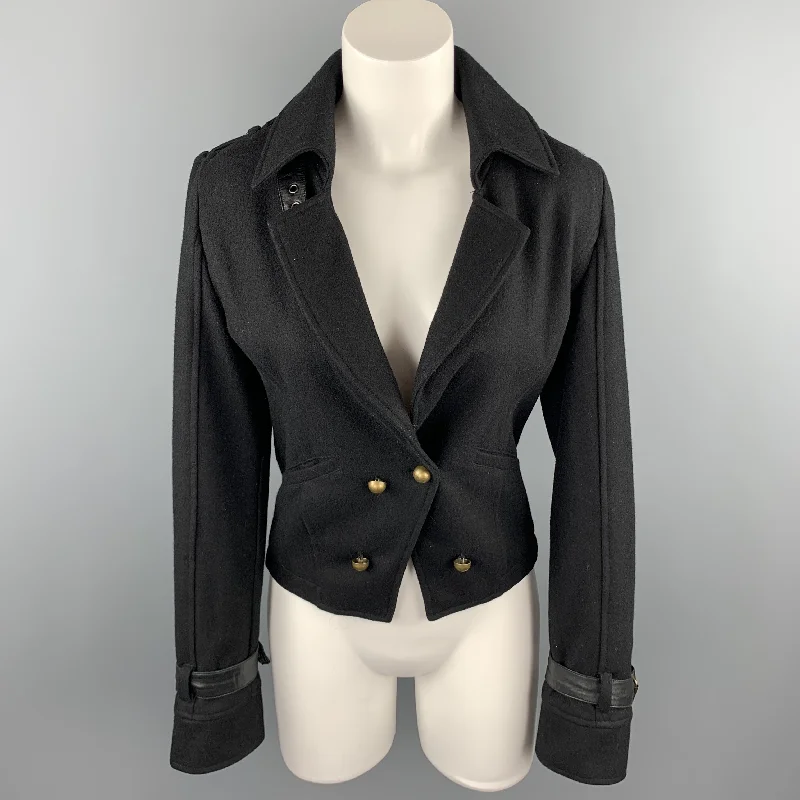 LaROK Size 6 Black Fabric Belted Collar Double Breasted Coat Satin Silk Chiffon