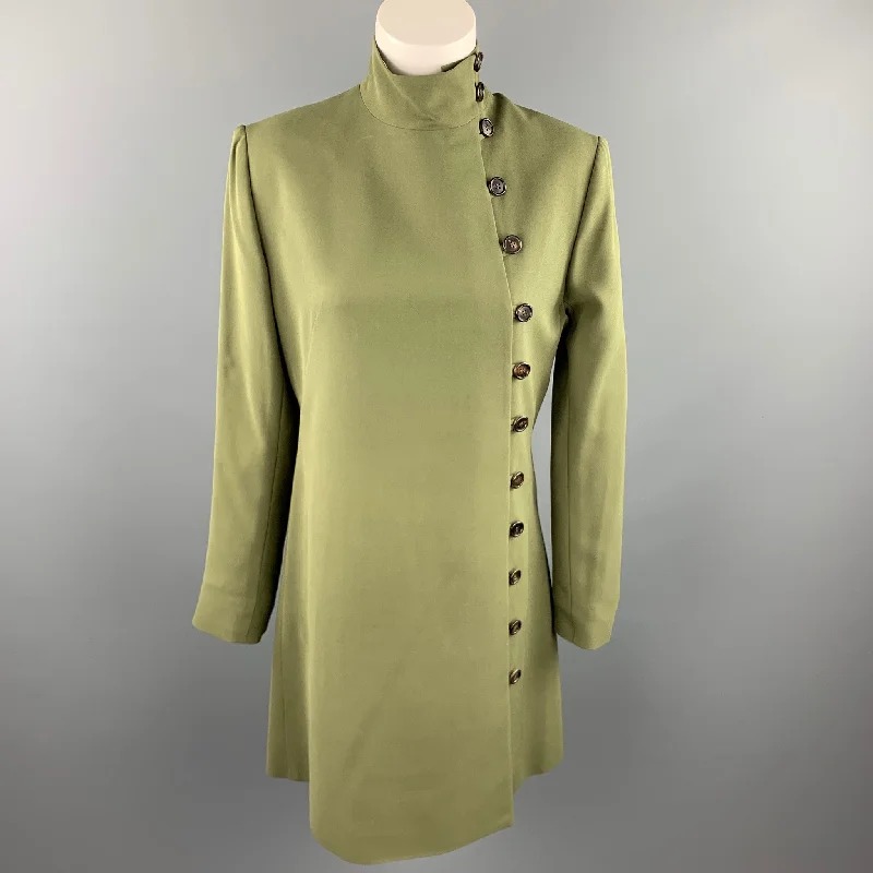 MORGANE LE FAY Size L Olive Silk / Lycra Asymmetrical Coat Tweed Herringbone Houndstooth