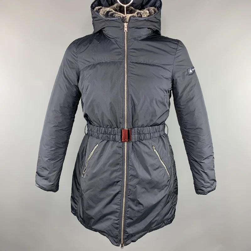 PEUTEREY Size XL Navy Polyamide Quilted Down Filled  Faux Fur Reversible Long Coat Parka Down Jacket Wool Coat
