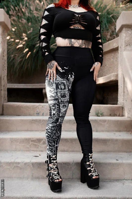 Gothic Haunted House Leggings w/ Pockets Trendy Color Block Leggings