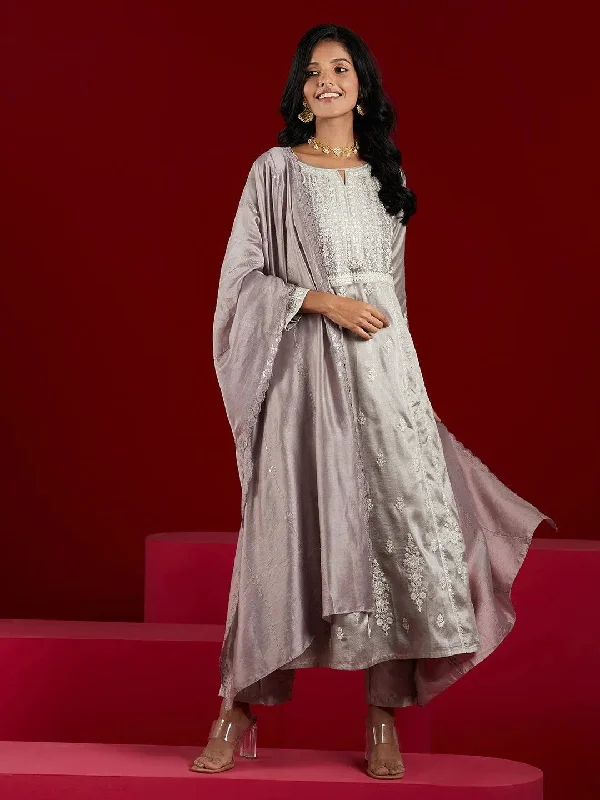 Libas Art Taupe Embroidered Silk Blend A-Line Kurta With Trousers & Dupatta Trousers Harem Relaxed Fit Libas Art Taupe Embroidered Silk Blend A-Line Kurta With Trousers & Dupatta Trousers Harem Relaxed Fit