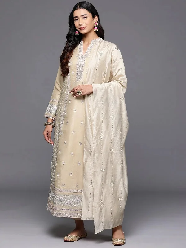 Libas Art Beige Embroidered Silk Blend A-Line Kurta With Trousers & Dupatta Trousers cozy comfortable Libas Art Beige Embroidered Silk Blend A-Line Kurta With Trousers & Dupatta Trousers cozy comfortable