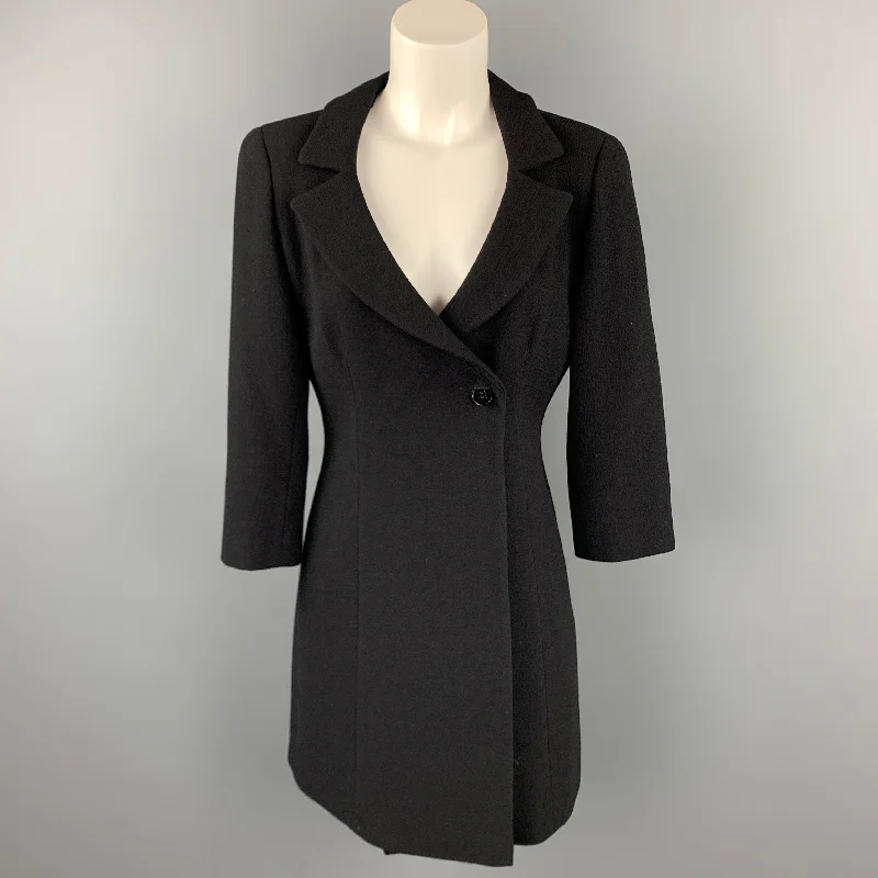ARMANI COLLEZIONI Size 6 Black Virgin Notch Lapel Wool Coat Pleated Ruffled tiered