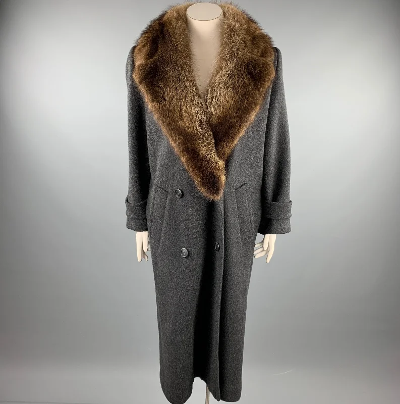 CALVIN KLEIN Size 10 Charcoal Wool Blend Fur Trim Double Breasted Coat Striped Polka Dot Solid