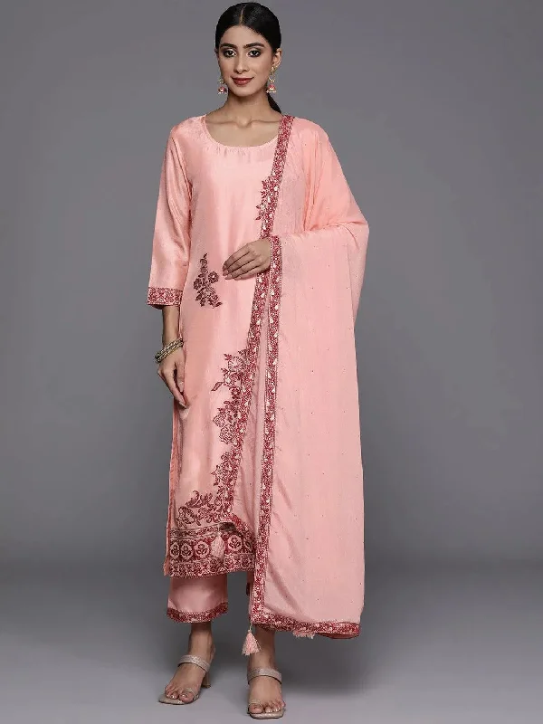 Peach Woven Design Silk Blend Straight Kurta With Trousers & Dupatta Trousers High Rise Slim Fit Peach Woven Design Silk Blend Straight Kurta With Trousers & Dupatta Trousers High Rise Slim Fit