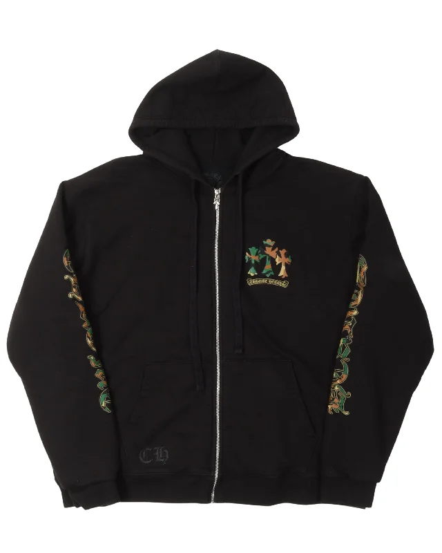 Camouflage Cemetery Cross Zip Up Hoodie Hoodie with Front Slit Layering Stylish