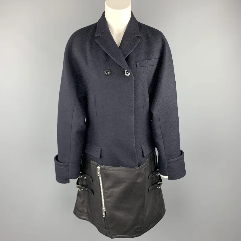 SACAI Size L Navy Wool Notch Lapel Hidden Button Leather Belted Panel Coat Hook-and-Loop Buckled Tied