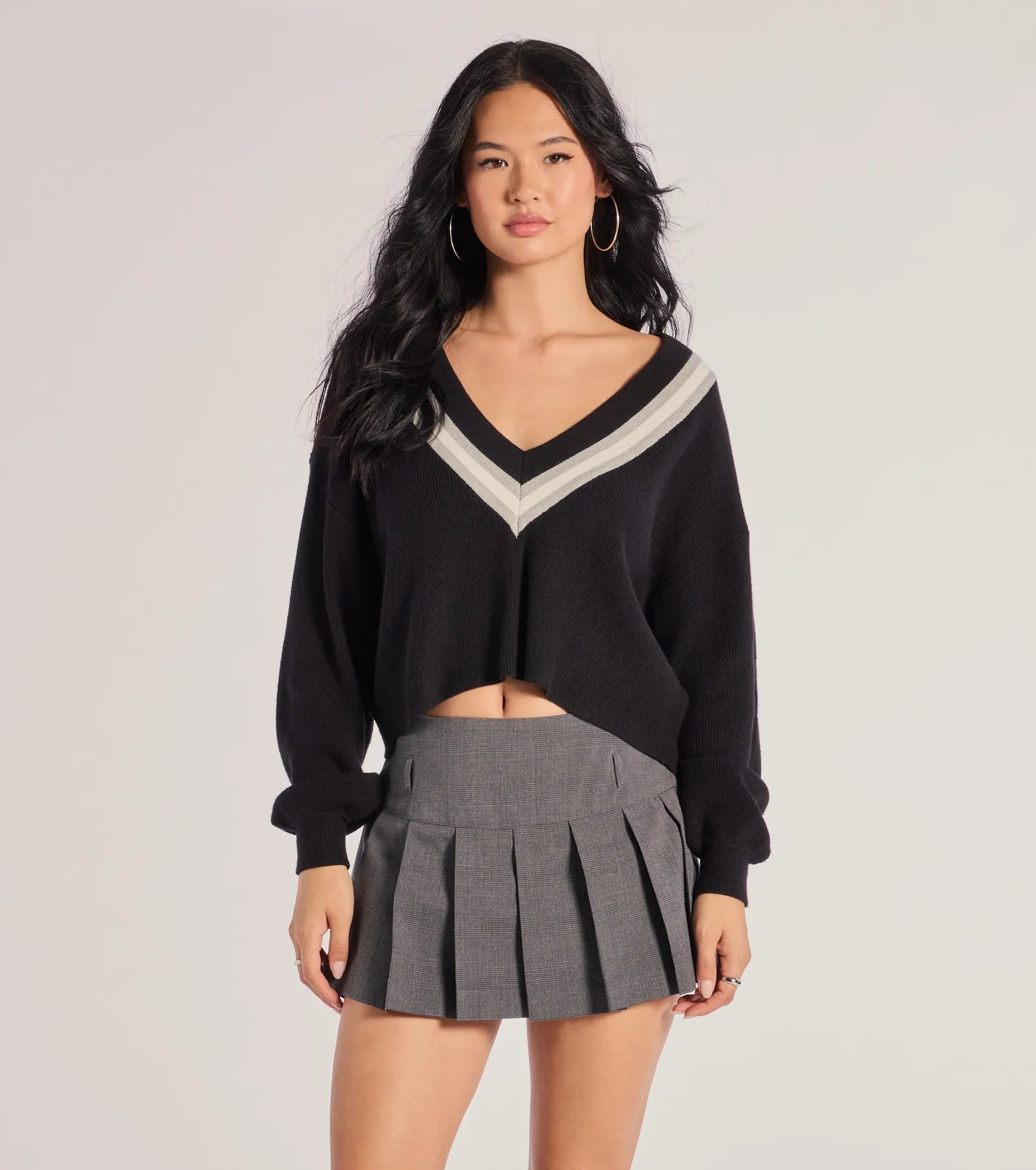Preppy Impression Striped V-Neck Sweater Crop Top Thin Crop Top Open Front Quick Dry